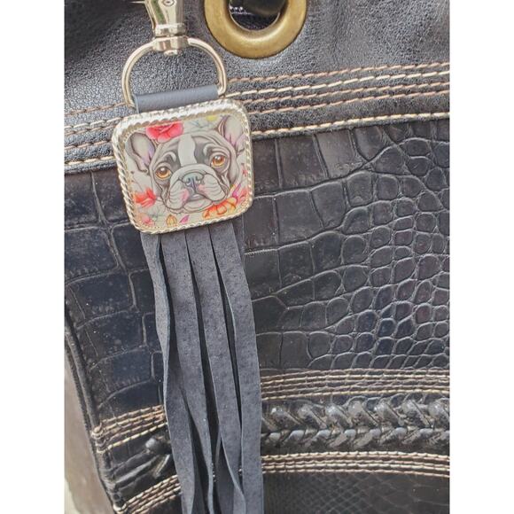 Handmade boho French bulldog Leather Fringe Western bag charm, Long keychain - Picture 3 of 3